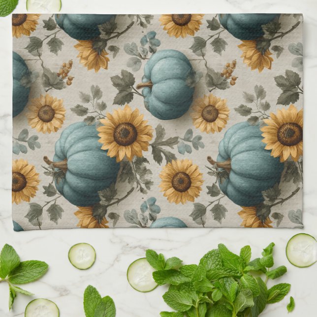 Teal Pumpkins och Golden Sunblommor Kökshandduk (Vikta)
