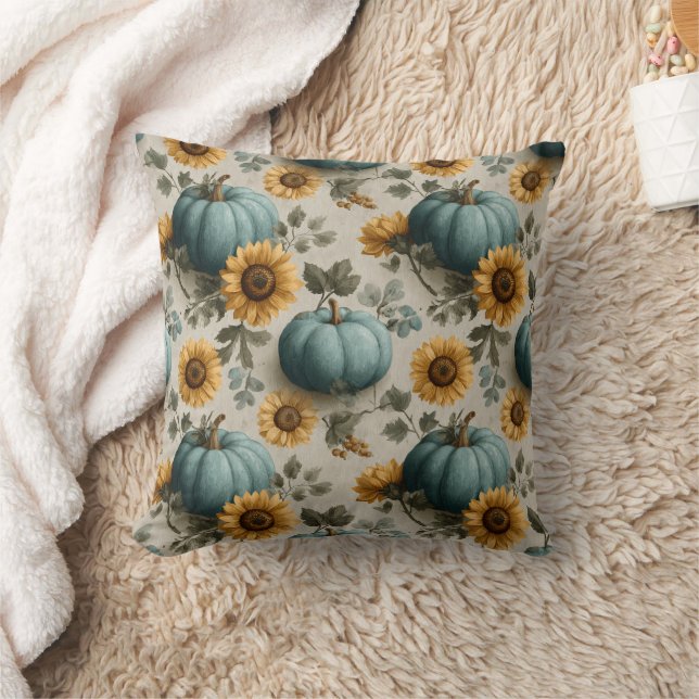 Teal Pumpkins och Golden Sunblommor Kudde (Filt)