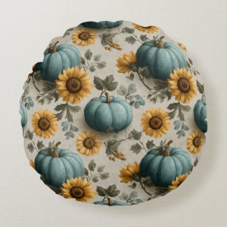 Teal Pumpkins och Golden Sunblommor Rund Kudde