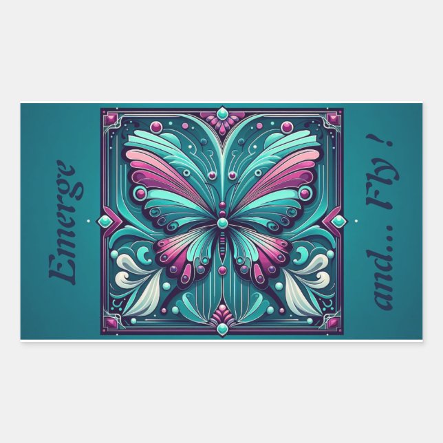 Teal & Purple Butterfly Square Rektangulärt Klistermärke (Framsida)