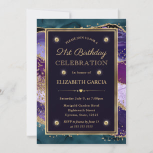 Teal, Purple & Guld Glitter Agate 21-årsdag Inbjudningar