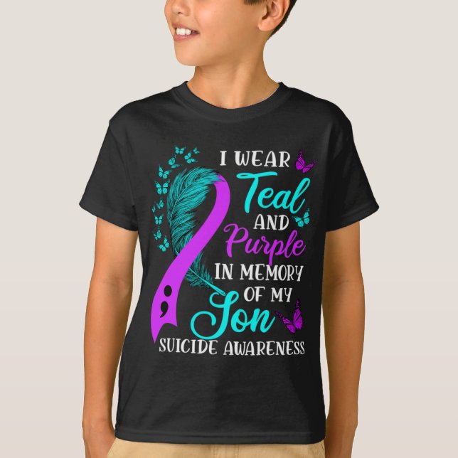 Teal Purple In Memory Of My Son Suicide Awareness  T Shirt (Framsida)