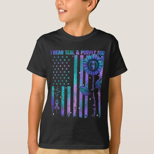 Teal Purple Us Usa Flag Suicide Prevention Awarene T Shirt (Framsida)