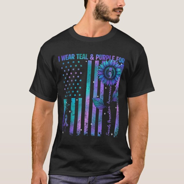 Teal Purple Us Usa Flag Suicide Prevention Awarene T Shirt (Framsida)