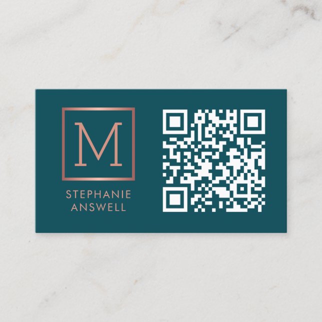 Teal QR Logotyp Monogram Ro Guld Visitkort (Framsida)