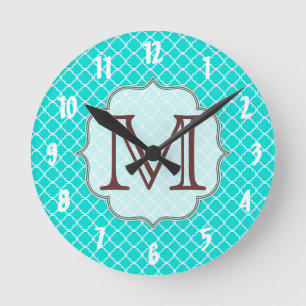 Teal Quarterfoil Latti Monogram initial väggklocka