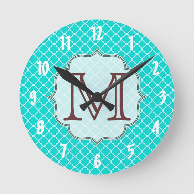Teal Quarterfoil Latti Monogram initial väggklocka (Framsida)