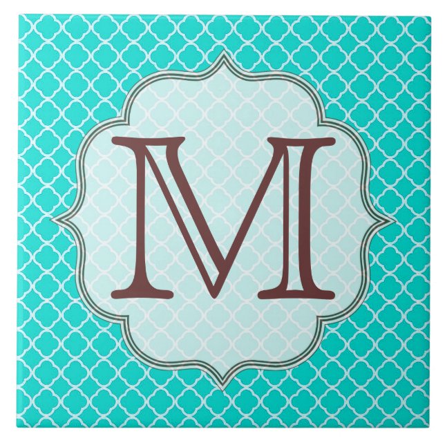 Teal Quarterfoil Latti Monogram Visning Tile Kakelplatta (Framsidan)