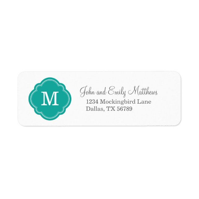 Teal Quatrefoil Monogram Returadress Returadress Etikett (Framsidan)