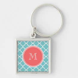 Teal Quatrefoil Mönster, Coral Monogram Fyrkantig Silverfärgad Nyckelring