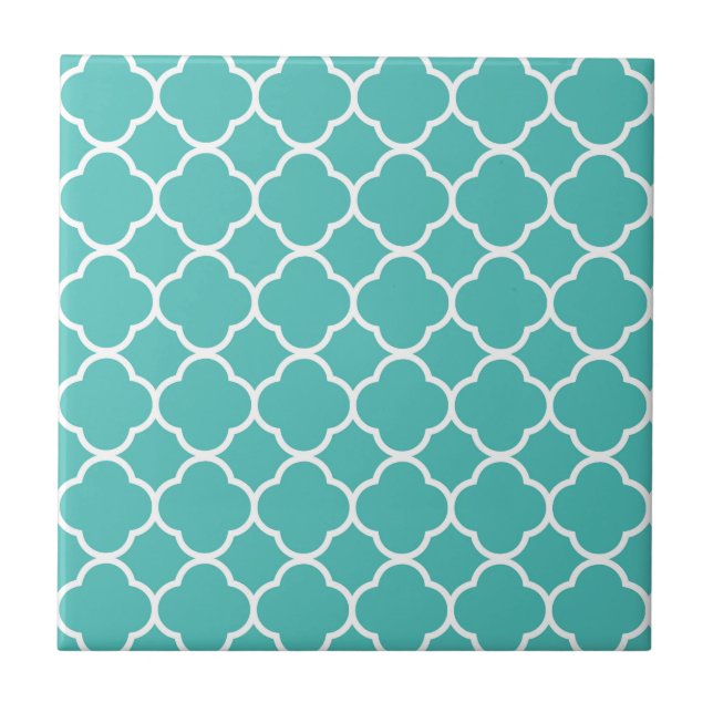Teal Quatrefoil Mönster Kakelplatta (Framsidan)