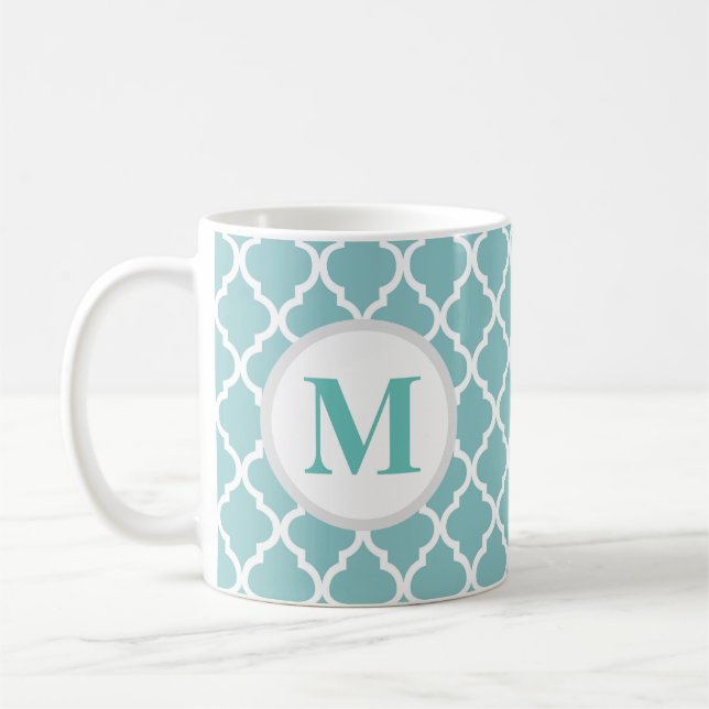 Teal Quatrefoil Moroccan Monogram kaffe Mugg (Vänster)