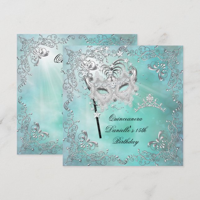 Teal Quinceanera 15:e födelsedagen Tiara Masquuppa Inbjudningar (Fram/baksida)