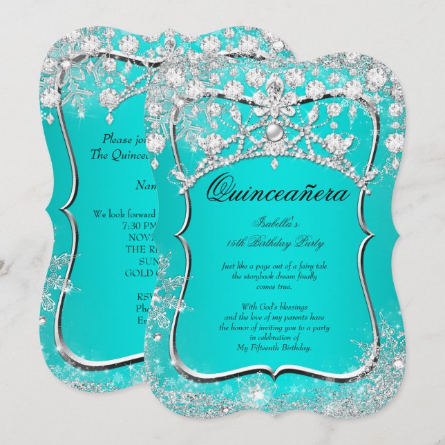 Teal Quinceanera 15:e vintern Wonderland Silver Inbjudningar (Fram/baksida)