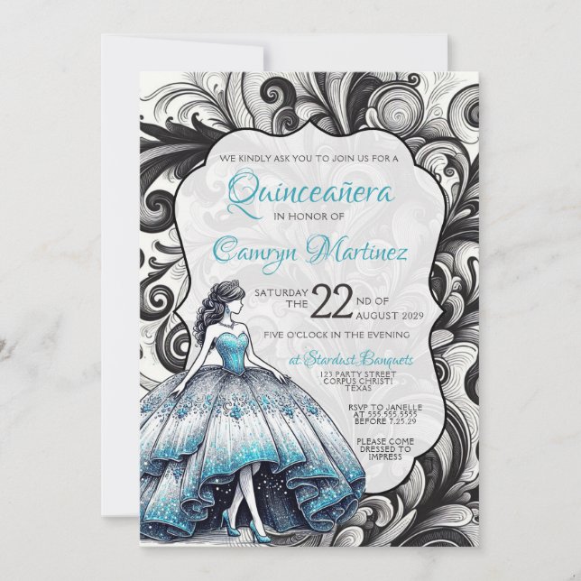 Teal Quinceañera Flickas Inbjudan (Framsida)