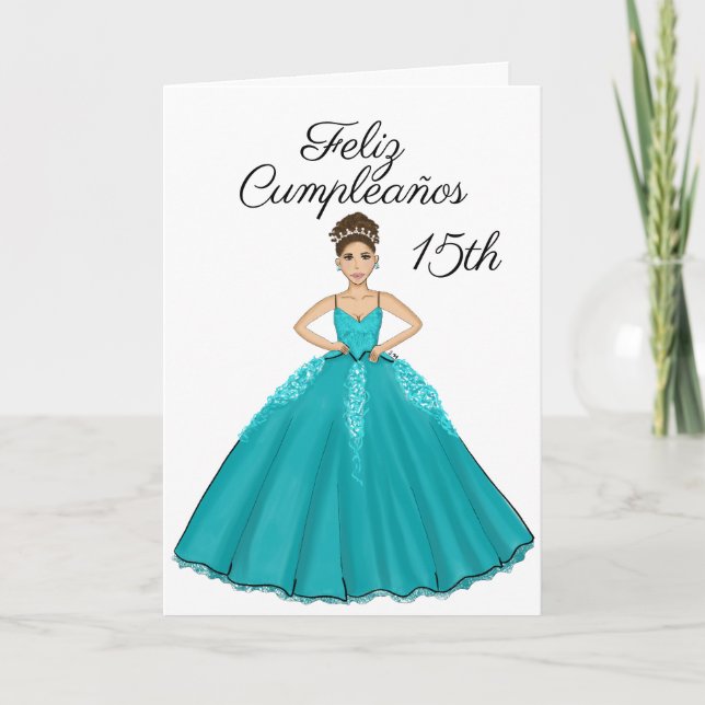Teal Quinceanera Mode Spanska 15-födelsedagskort Kort (Framsida)