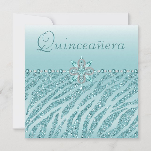 Teal Quinceanera, utskriven judar och Zebra Glitte Inbjudningar (Framsida)