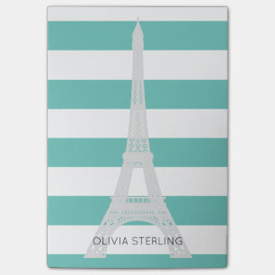 Teal Rand och Eiffel Torn Anpassat namn Post-it Block