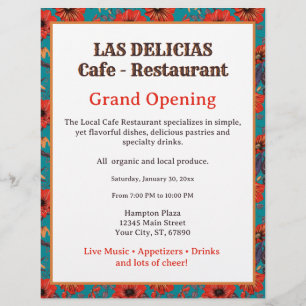 Teal Red Blommönster Restaurant Grand Open Reklamblad