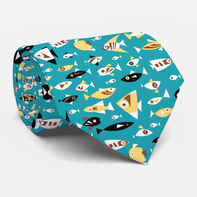 Teal Red Gult Black White Retro Fish Mönster Slips (Rullad)