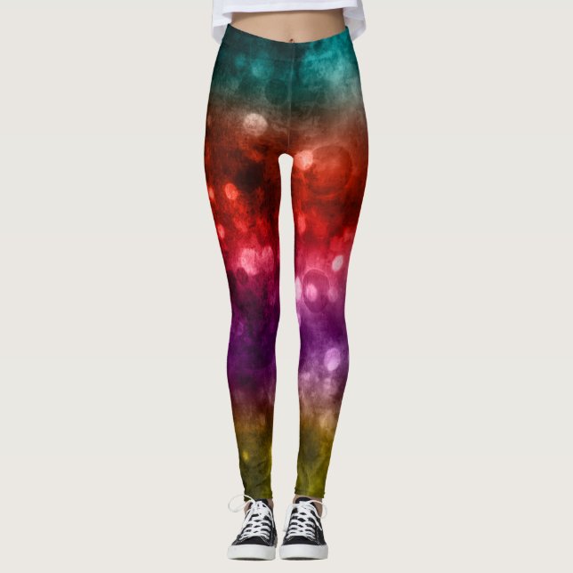 Teal, Red, Lila & Chartreuse Abstrakt Bokeh Leggings (Framsida)
