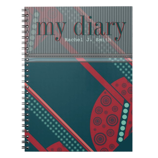 Teal Red Modern Abstrakt CustomName Diary Notebook Anteckningsbok (Framsidan)
