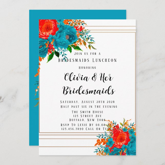 Teal Red Orange Blommigt Bridesmaids Luncheon Invi Inbjudningar (Fram/baksida)