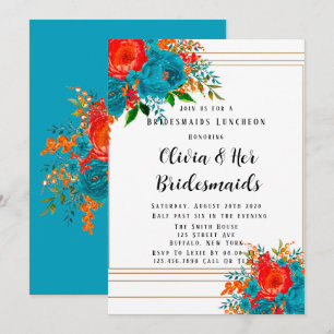 Teal Red Orange Blommigt Bridesmaids Luncheon Invi Inbjudningar