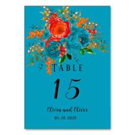 Teal Red Orange Botanical Blommigt Bröllop Bordsnummer