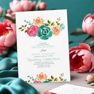 Teal Red Orange Ro Boho Blommigt Bröllop Inbjudningar