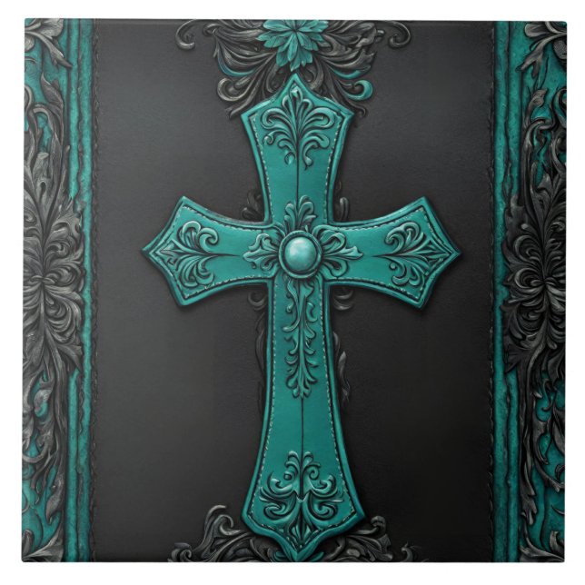 Teal Religiösa Christian Westerna Land Kor Kakelplatta (Framsidan)