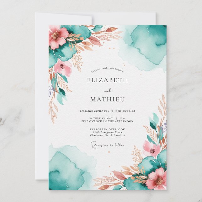 Teal Resplendent Watercolor Wedding Inbjudningar (Framsida)