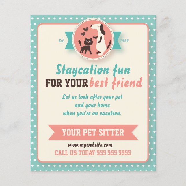 Teal Retro Cat och Hund Pet Sitter Flyer (Framsidan)