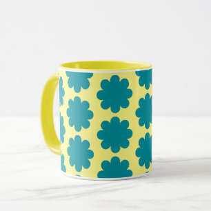 Teal Retro Flower Art på Gult Mugg Kopp