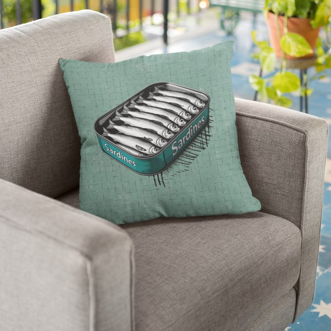 Teal Retro Stil sarine Art Funny Fish Food Kudde (Skapare uppladdad)