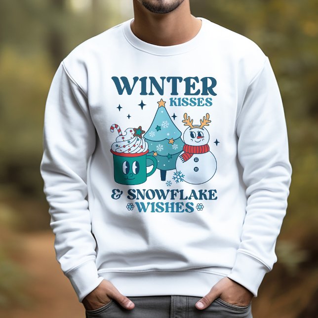Teal Retro Winter Kisses & Snowflake Wishes Winter Lång Ärmad Tröja (Skapare uppladdad)