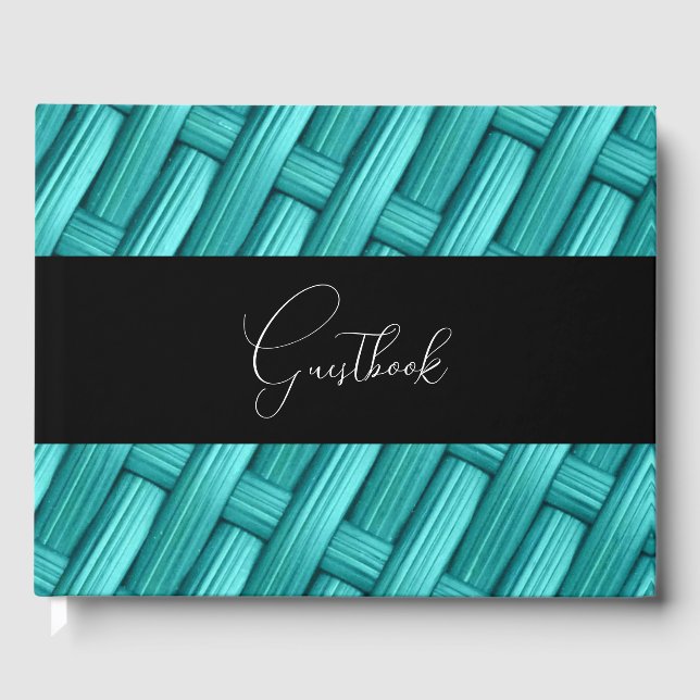 Teal Retro Woven Basket Struktur Bröllop Gästböcker (Framsida)