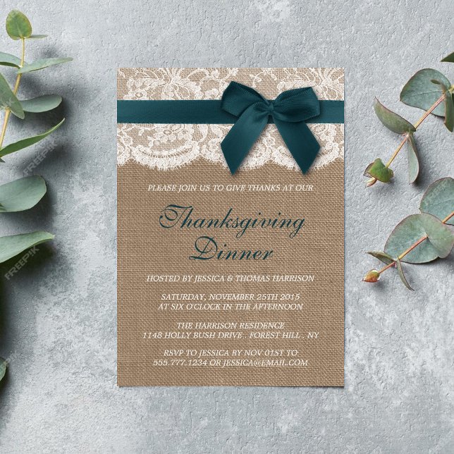 Teal Ribbon Burlap & Snöre Thanksgiving Middag Inbjudningar (Skapare uppladdad)