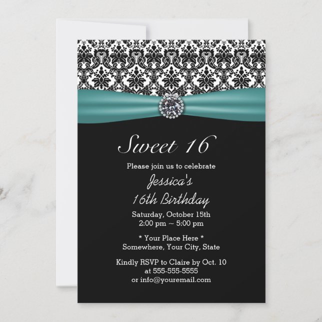 Teal Ribbon & Damask Chic Diamond Sweet 16 Inbjudningar (Framsida)