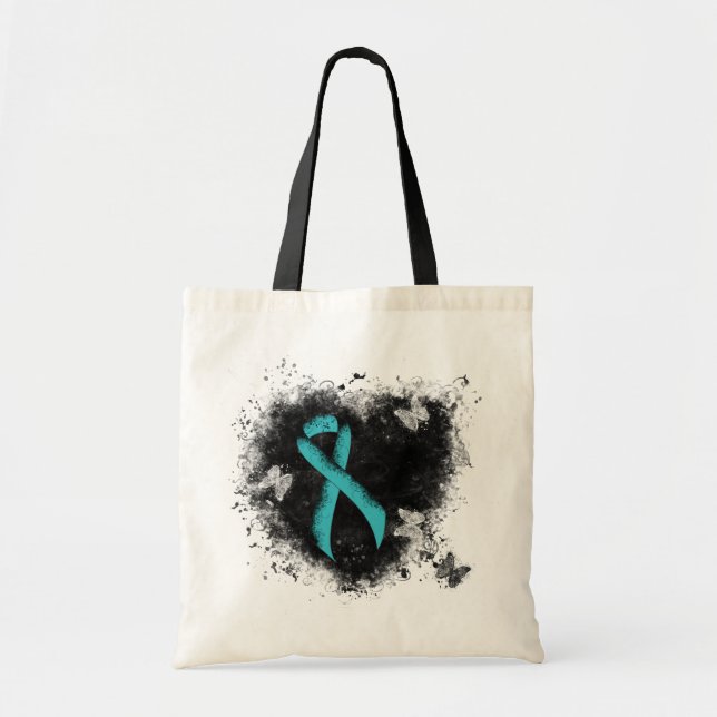 Teal Ribbon Grunge Heart Tygkasse (Framsidan)