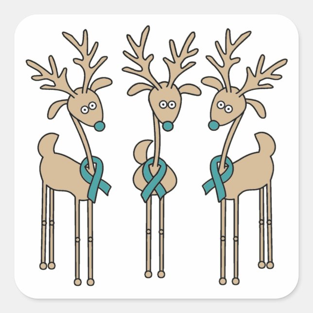 Teal Ribbon Reindeer Fyrkantigt Klistermärke (Framsida)