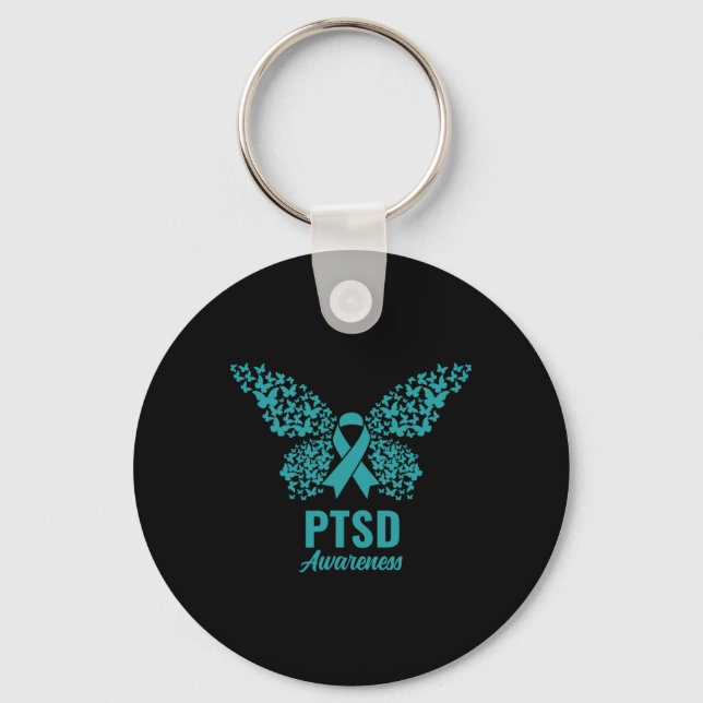 Teal Ribbon with Butterflies- ptsd Awareness Nyckelring (Framsida)