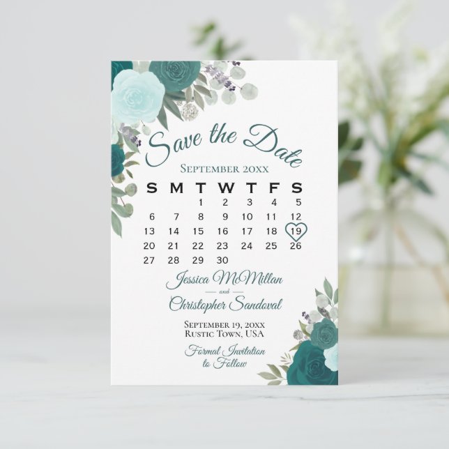 Teal Ro Blommigt Elegant Boho Bröllop Calendar Spara Datumet (Stående Fram)