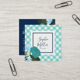 Teal Ro Blommigt och Mint Gingham Fyrkantigt Visitkort