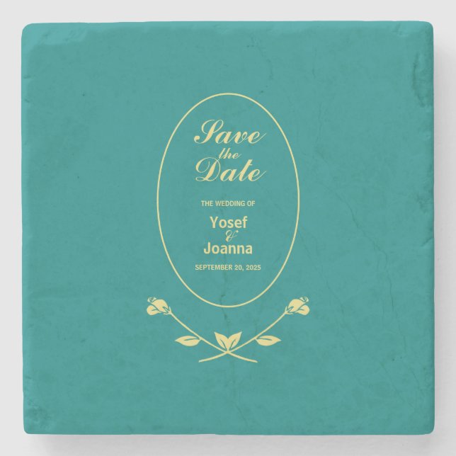 Teal Ro Bröllop spara datum Stenunderlägg (Framsidan)