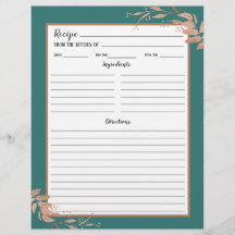 Teal Ro Guld Foliage Recipe Binder Page