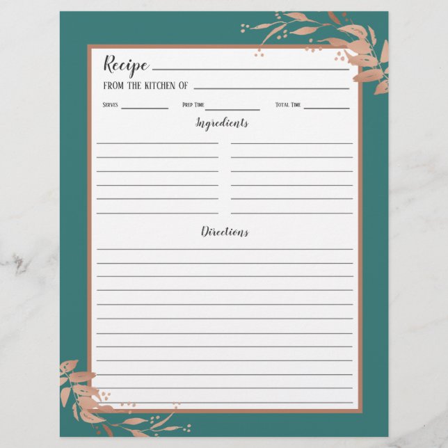 Teal Ro Guld Foliage Recipe Binder Page (Framsida)