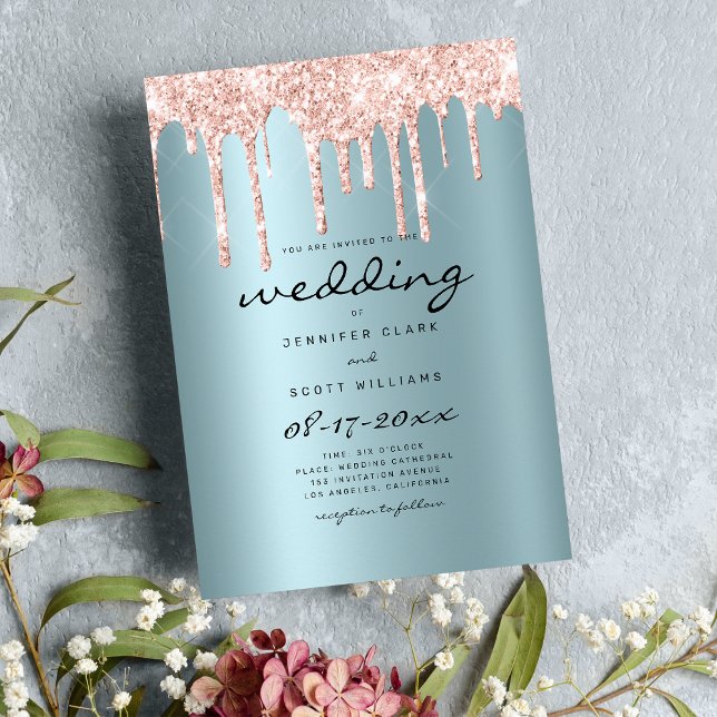  teal ro guld glitter, droppskript bröllop inbjudningar (Blush teal rose gold glitter drips script wedding)
