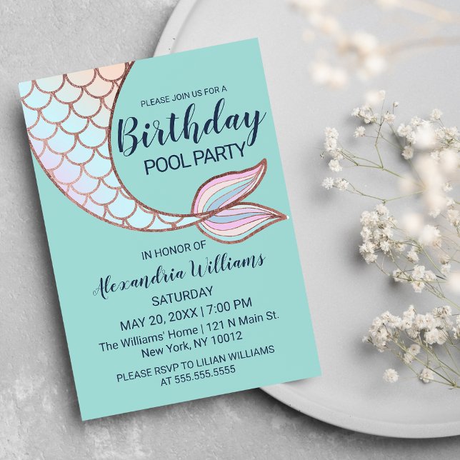 Teal Ro Guld Rosa Sjöjungfru  Svan Bassäng Inbjudan Vykort (Teal Rose Gold Pink Mermaid Tail Pool Birthday Invitation Postcard )