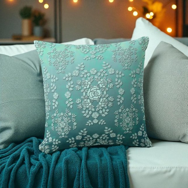 Teal Ro Vintage Stil Damask Pattern Kudde (Skapare uppladdad)